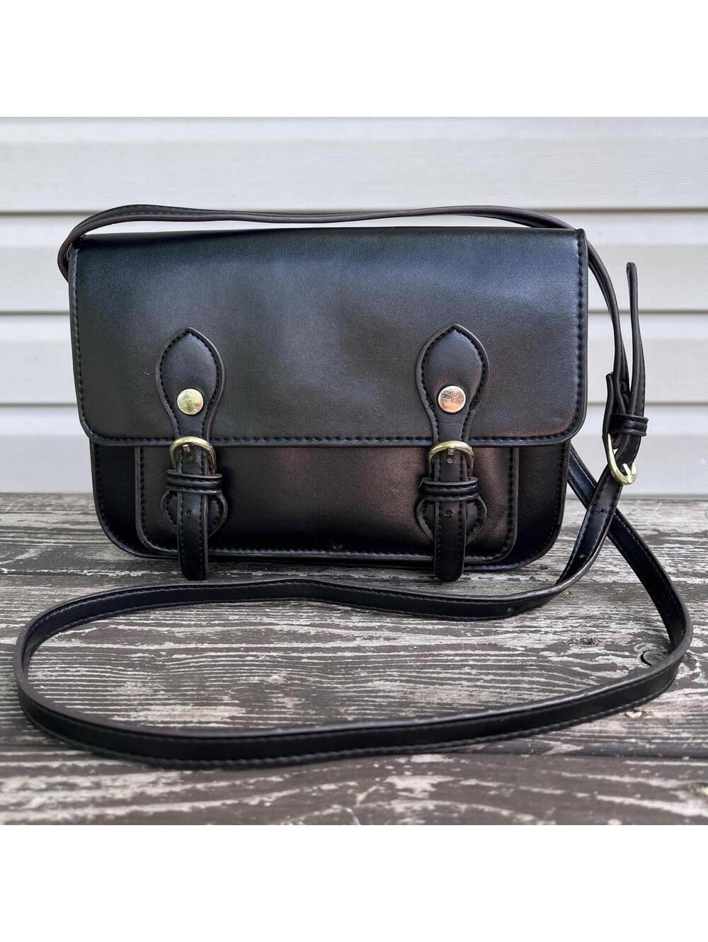 Steven by Steve Madden Black Crossbody Satchel Bag Gold Toned Hardware